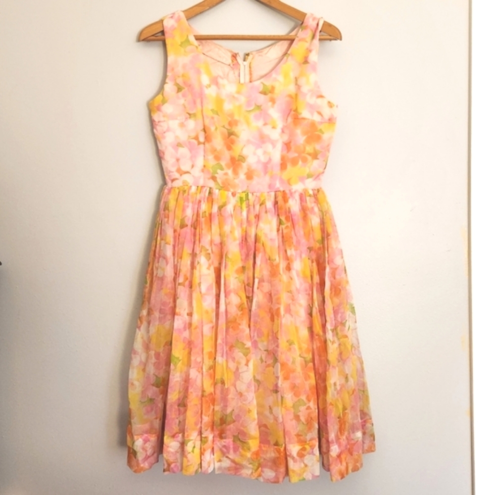 Vintage Floral Pastel Sleeveless Dress  small 2 4 pink green orange yellow
